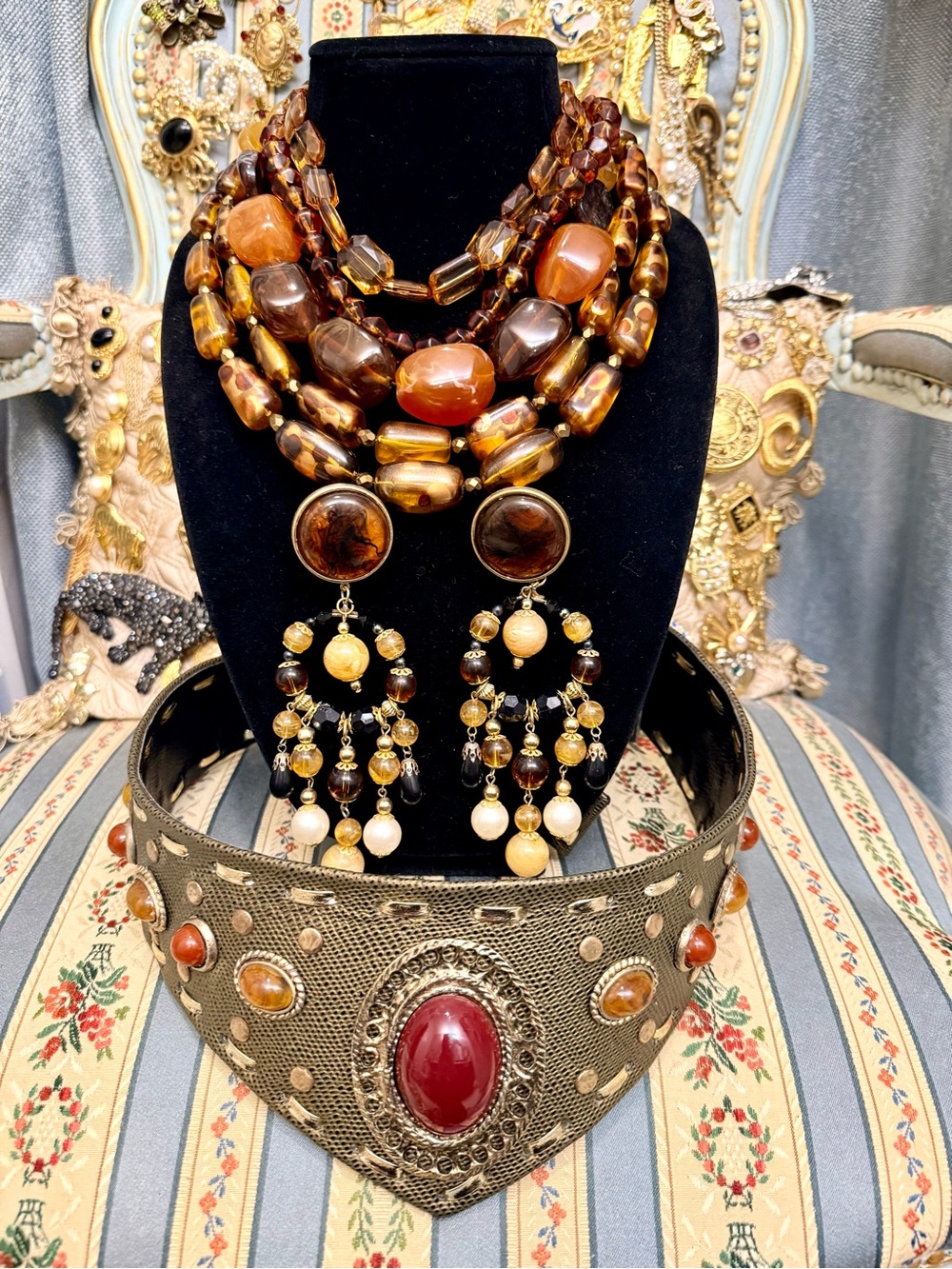 Bohemian Aristocrat — Leather Belt with Layered Amber Necklaces & Earrings